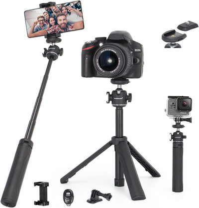 カメラ三脚 ミニ卓上三脚 ポータブル Vlog 旅行 自撮り棒 360°ボールヘッド付き 拡張可能な三脚スタンド 1/4インチネジ クイックリリースアクセサリー GoProカメラウェブカメラとスマートフォン用